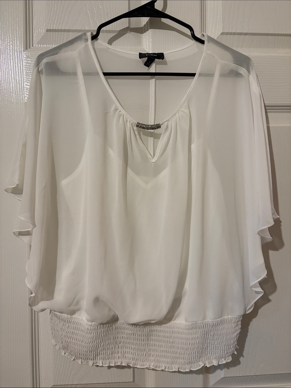Bwear White Chiffon Flutter-Sleeve Blouse with Smocked Hem